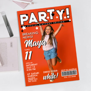 Modern Fun Cool White Black 11th Bday Tabloid News Invitation