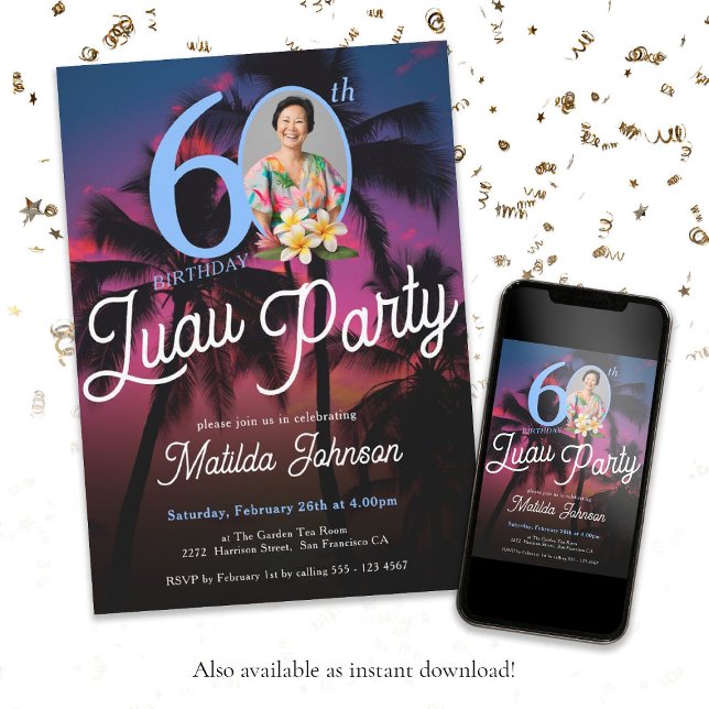 Modern Fun Custom Photo Luau Party 60th Birthday  Invitation (60th Birthday Luau Party Modern Fun Custom Photo Invitation)