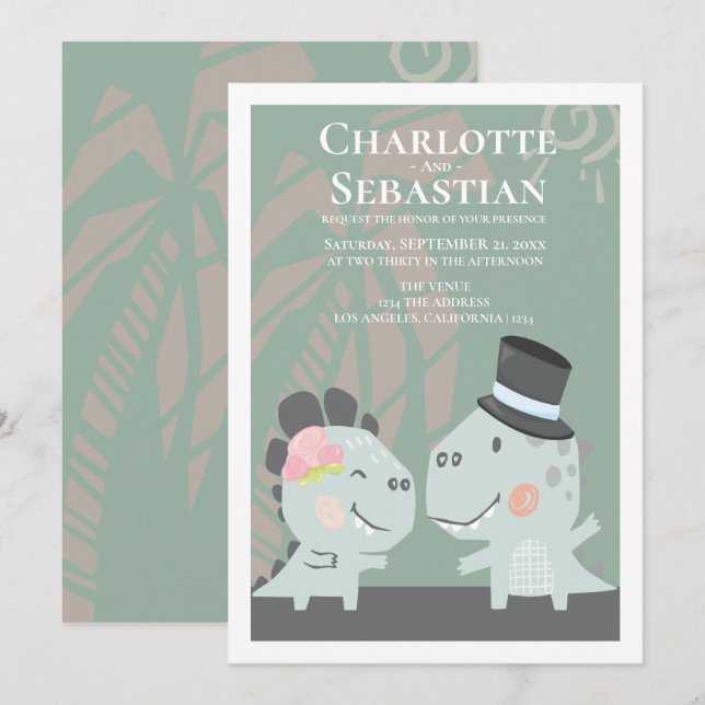 Modern Fun Dinosaur Bride Groom Wedding Invitation (Front/Back)