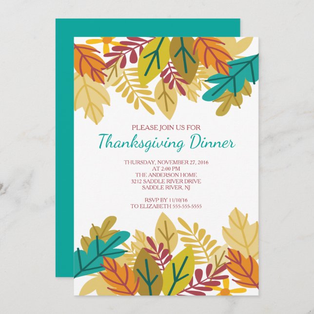 Modern Fun Fall Leaves Thanksgiving Dinner Invitation (Front/Back)