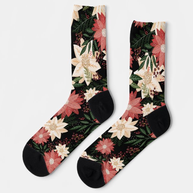 Modern Fun Festive Christmas Poinsettia Holiday Socks (Left)