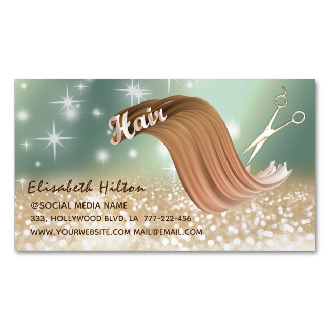 Modern fun funky colourful sparkling HAIR logo Magnetic Business Card (Front)
