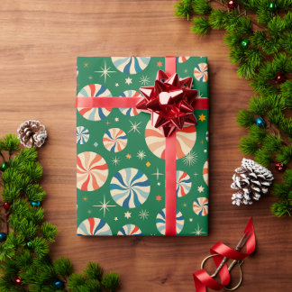 Modern Fun Green & Red Retro Christmas Candy Wrapping Paper