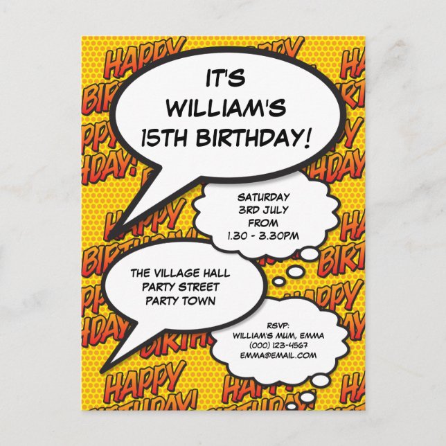 Modern Fun Happy Birthday Party Comic Book Invitation Postcard (Front)