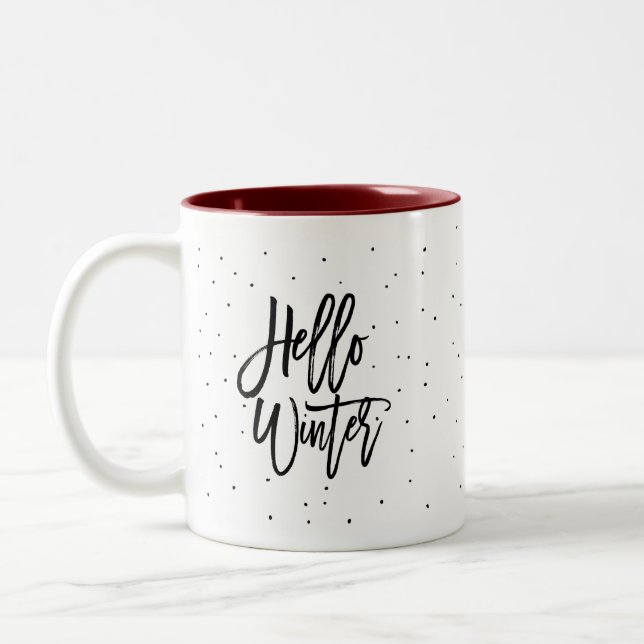 Modern Fun Hello Winter Cozy Script Dots Minimal Two-Tone Coffee Mug (Left)