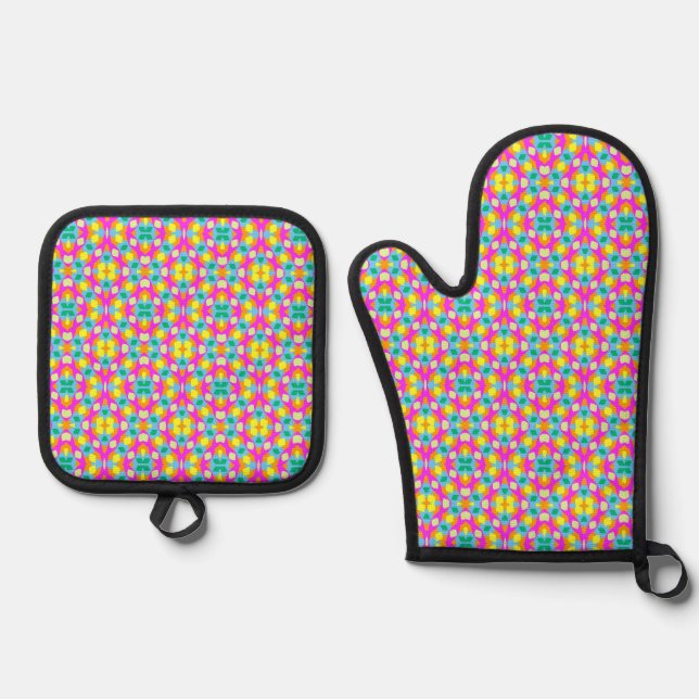 Modern fun neon party pattern oven mitt & pot holder set (Front)