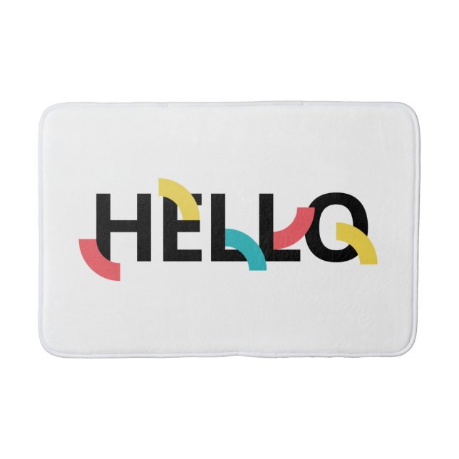 Modern, fun, playful, colourful design of Hello Bath Mat (Front)