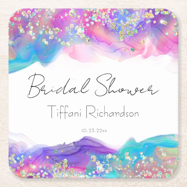 Modern Fun Rainbow Alcohol Ink Gold Glitter Square Paper Coaster (Front)
