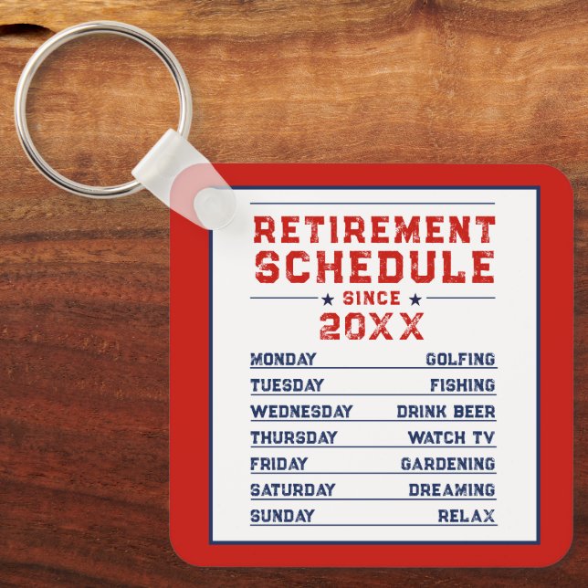 Modern Fun Red Blue White Man Retirement Schedule Keychain (Front)