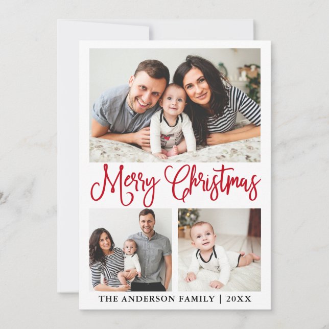 Modern Fun Red Calligraphy Christmas 3 Photo Holiday Card (Front)