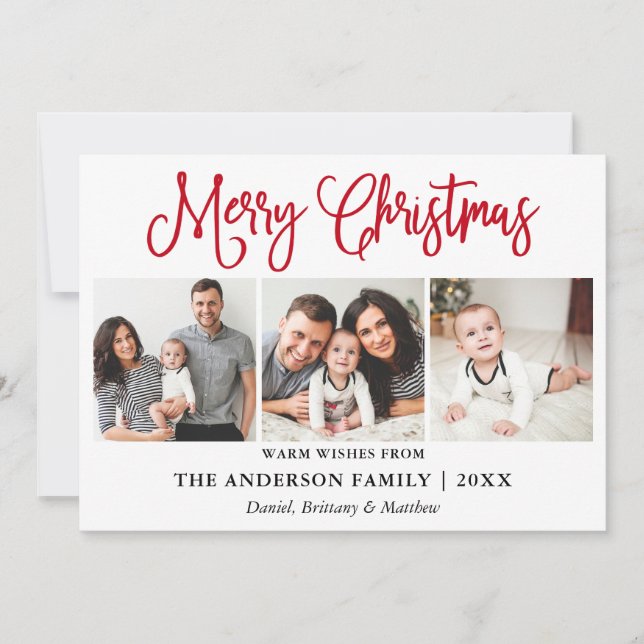 Modern Fun Red Calligraphy Christmas 3 Photos Holiday Card (Front)
