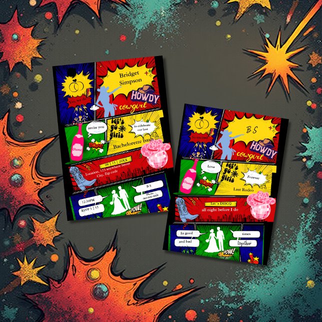 modern fun retro comic bachelorette cowgirl invitation (Creator Uploaded)