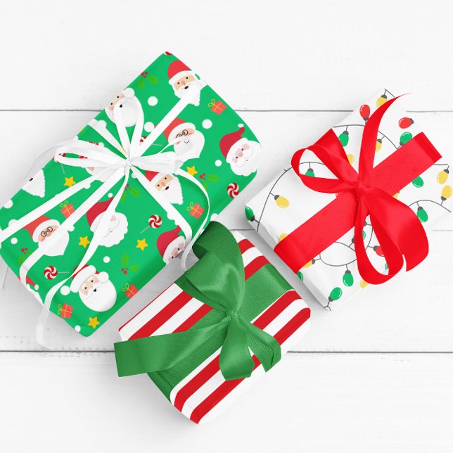 Modern Fun Santa, Stripes & Christmas Lights Green Wrapping Paper Sheet (Creator Uploaded)