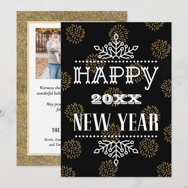 Modern Fun Script Festive Gold Fireworks Photo Holiday Card (Front/Back)