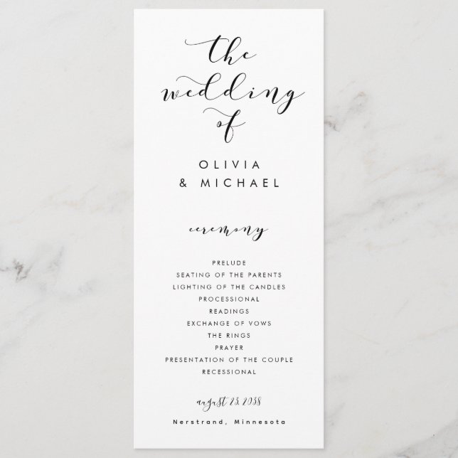 Modern Fun Swirls Calligraphy Wedding Programs (Front)