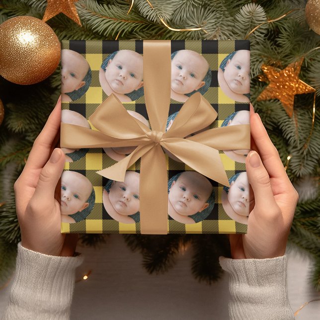 Modern Fun Yellow Plaid & Photo Wrapping Paper (Creator Uploaded)