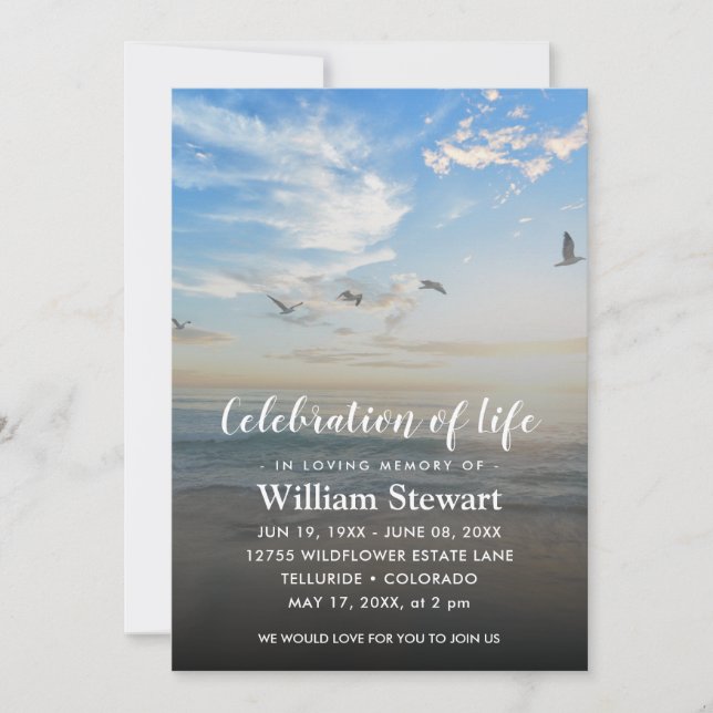 Modern Funeral | Celebration of Life Beach Sunset Invitation (Front)