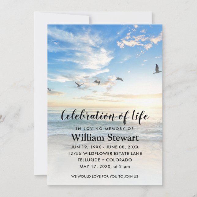 Modern Funeral | Celebration of Life Beach Sunset Invitation (Front)
