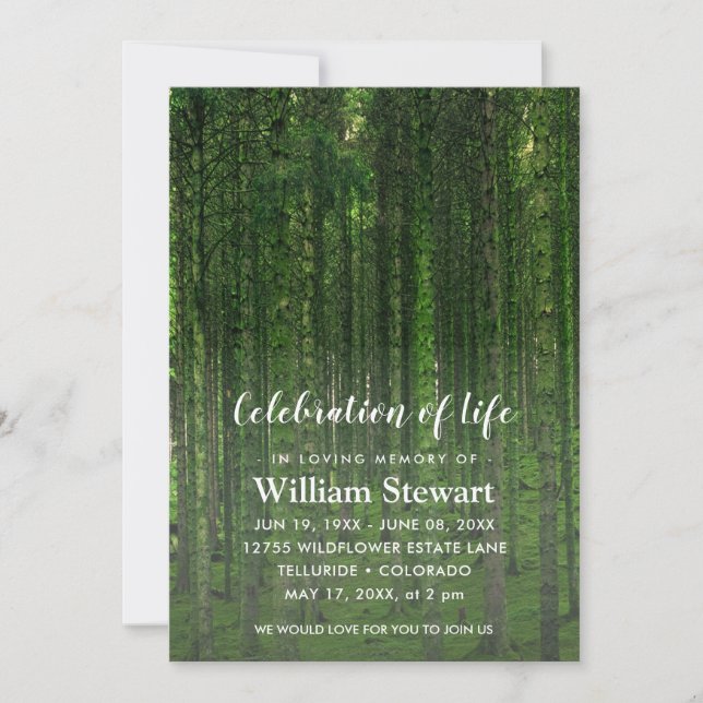 Modern Funeral | Celebration of Life Green Forest Invitation (Front)