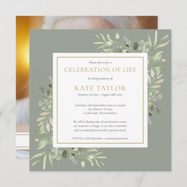 Modern Funeral Celebration of Life Photo Square Invitation (Front/Back)