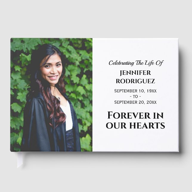 Modern Funeral Custom Photo Forever In Our Hearts Guest Book (Front)