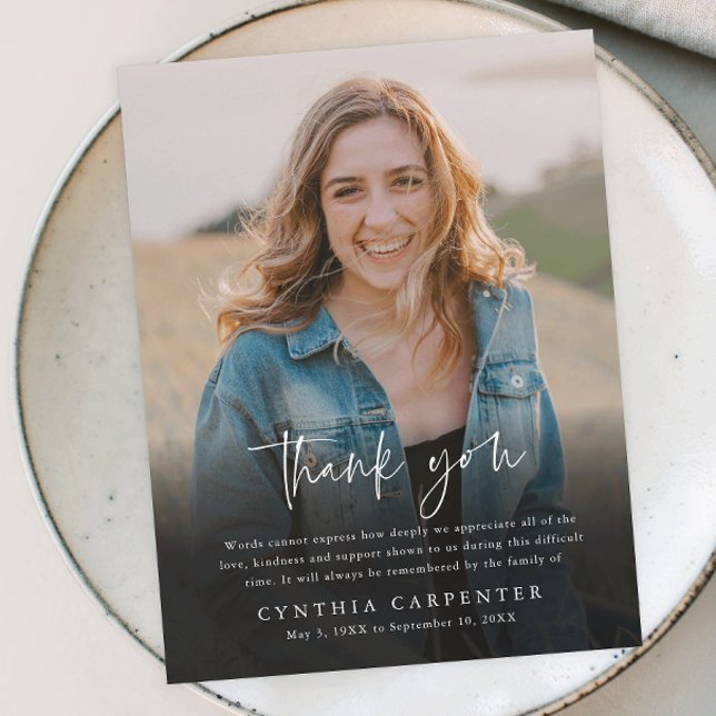 Modern Funeral Memorial Photo Thank You Card (Modern script simple photo memorial thank you magnetic card.)
