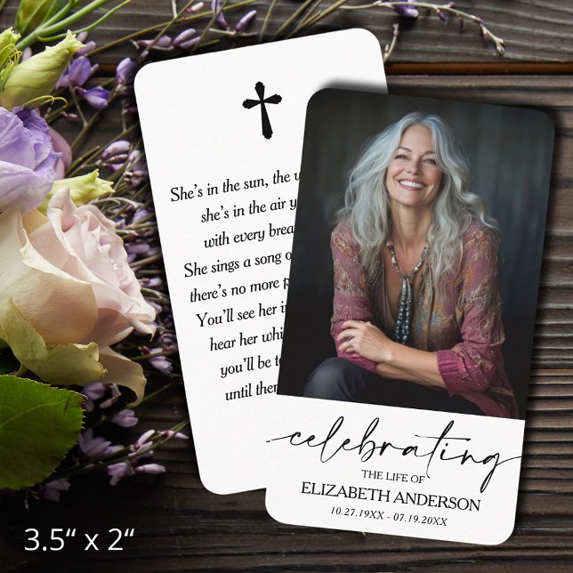 Modern Funeral Memorial Prayer Photo Card (Celebration of Life funeral memorial photo prayer cards - bookmarks, default size 3.5" x 2" )