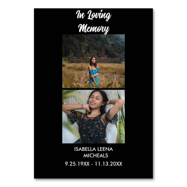 Modern Funeral Personalized 2 Photo Memorial Table Number (Front)