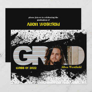 Modern Funky Black Splat GRAD Photo Invitation