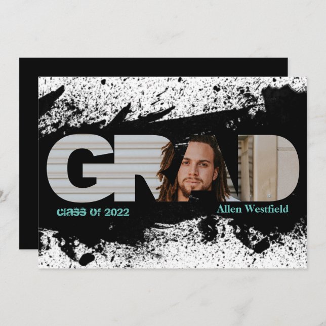 Modern Funky Black Splat GRAD Photo Invitation (Front/Back)