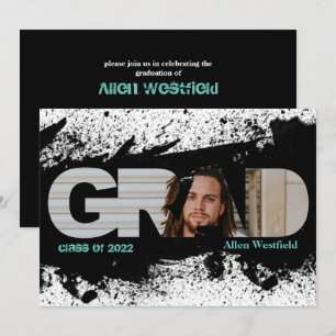 Modern Funky Black Splat GRAD Photo Invitation
