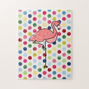 Modern Funky Flamingo Polka Dots Jigsaw Puzzle