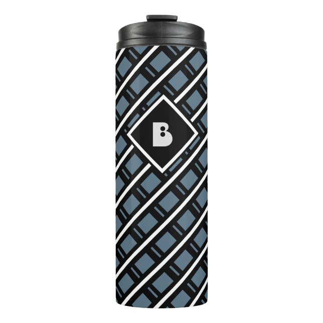 Modern Funky Geometric Pattern Monogrammed Blue Thermal Tumbler (Front)