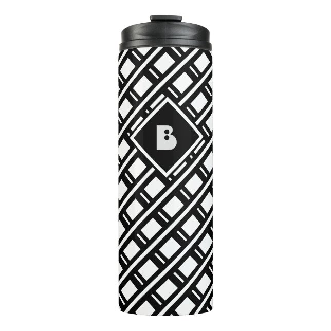 Modern Funky Geometric Pattern Monogrammed White Thermal Tumbler (Front)
