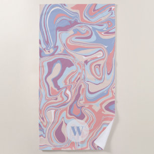 Modern Funky Marble Pastel Purple Monogram Beach Towel