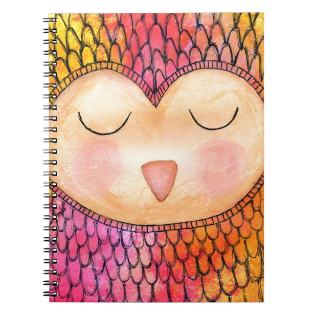 Modern Funky Sleepy Owl Mixed Media Painting Notebook (Front)