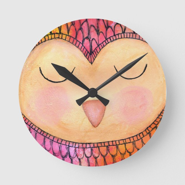 Modern Funky Sleepy Owl Mixed Media Painting Round Clock (Front)
