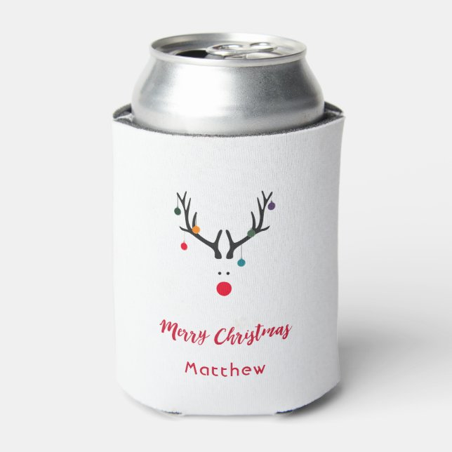 Modern funny abstract Christmas reindeer on white Can Cooler (Can Front)