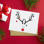 Modern funny abstract Christmas reindeer on white Holiday Postcard<br><div class="desc">A funny and cute modern abstract image of a reindeer head with a red nose.  With Christmas ornaments,  baubles hanging from the antlers. White background,  
Colors: white,  red,  gray,  blue,  green</div>