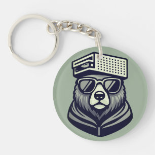 Modern Funny Bear With Cheese Grater Hat Green Keychain