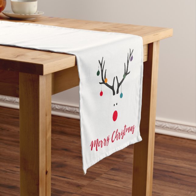 Modern funny Christmas reindeer on white Short Table Runner (In Situ)