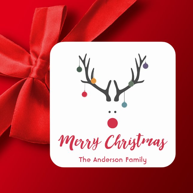 Modern funny Christmas reindeer on white Square Sticker (Creator Uploaded)