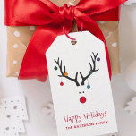 Modern funny Christmas reindeer white holidays Gift Tags<br><div class="desc">On front: A funny and cute modern abstract image of a reindeer head with a red nose. With Christmas ornaments, baubles hanging from the antlers. White background, Colours: white, red, grey, blue, green. Red letters and the text: Happy Holidays. Template for Your Family name. Back: the text: With Love. Space...</div>