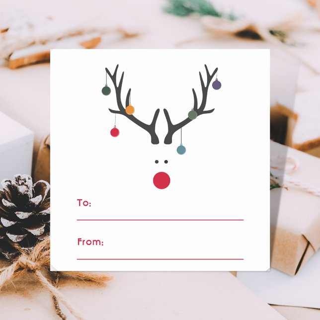 Modern funny Christmas reindeer white red Square Sticker (Creator Uploaded)