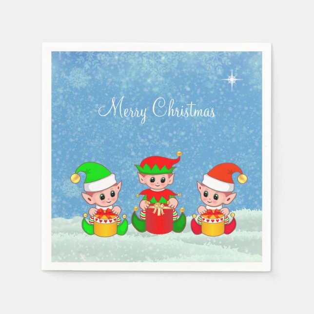 Modern Funny Cute Christmas Elf Buddies Napkin (Front)