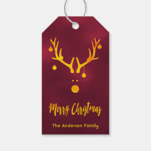 Modern funny cute Christmas gold reindeer burgundy Gift Tags