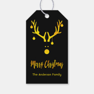 Modern funny cute Christmas gold reindeer on black Gift Tags