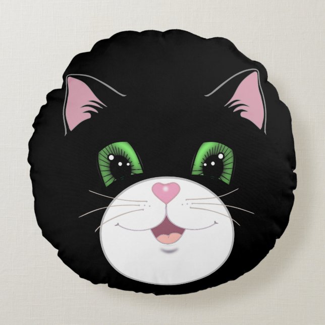 Modern funny cute tuxedo cat face cartoon round pillow (Front)