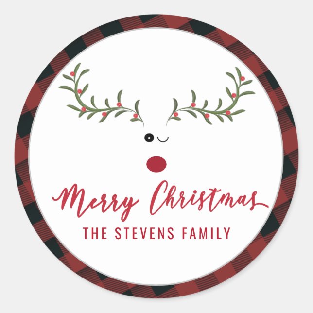 Modern funny holly reindeer script Merry Christmas Classic Round Sticker (Front)