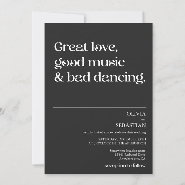 Modern Funny Minimalist Typography Black Wedding Invitation (Front)